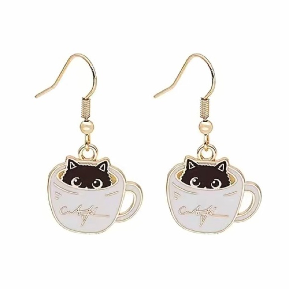 Coffee Cat Lover Cafe Dangling Gold Earrings Limited Edition Kawaii Kitty Gift